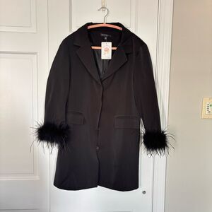 NWT Blue Blush Oversized Black Blazer with Feather Trim Size Medium